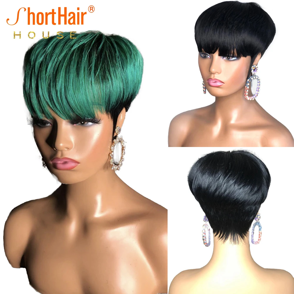 Emerald Bang Wig Pixie Short Cut Bob 100% Human Hair Wigs For Black Woman - £32.52 GBP+