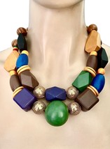 Multicolor Wood Beads Chunky Statement Oversize Bib Layered Multistrand ... - £41.76 GBP