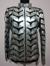 Silver Plus Size Leather Coat Woman Jacket Leaf Design Zip Light Short Collar D1 - £178.30 GBP