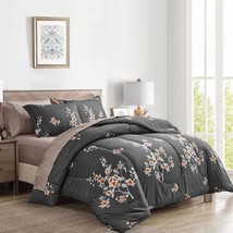 6 Pieces Bed In A Bag Twin Comforter Set With Sheets, Dark Grey Floral Design So - £72.04 GBP