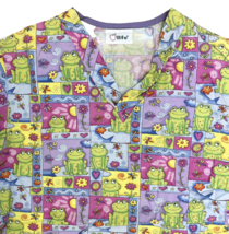 Apple Life Scrub Top Women Small S Frogs Flowers Colorful Pink Green Cut... - $9.89