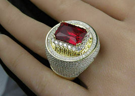 3.30Ct Emerald Cut Simulated Red Ruby Double  Men Ring  Gold Plated925 Silver - £118.22 GBP