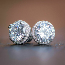 4Ct Round Brilliant Moissanite Halo Stud Earrings Solid 14K White Gold Finish - £124.80 GBP