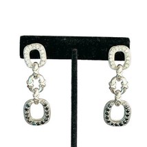 Silver Tone Black Rhinestone Dangle Earrings 3 Tier Pierced Evening 2” Long - £8.80 GBP