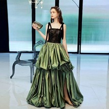 Beautiful Black and Green Ruffled Evening Dresses with Straps Forest Applique Ce - £398.75 GBP