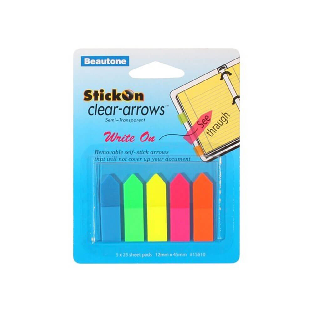 Beautone Stick On Clear Arrows 125 Sheets 12x45mm (5 Colour) - $19.63