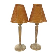 POTTERY BARN Pair Wax-Covered Silverplate Brass Candlesticks w Glass Bead Shades - £27.07 GBP