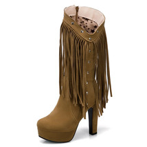 Estern cowboy shoes platform thick high heels women mid calf boots with tassels fringes thumb200
