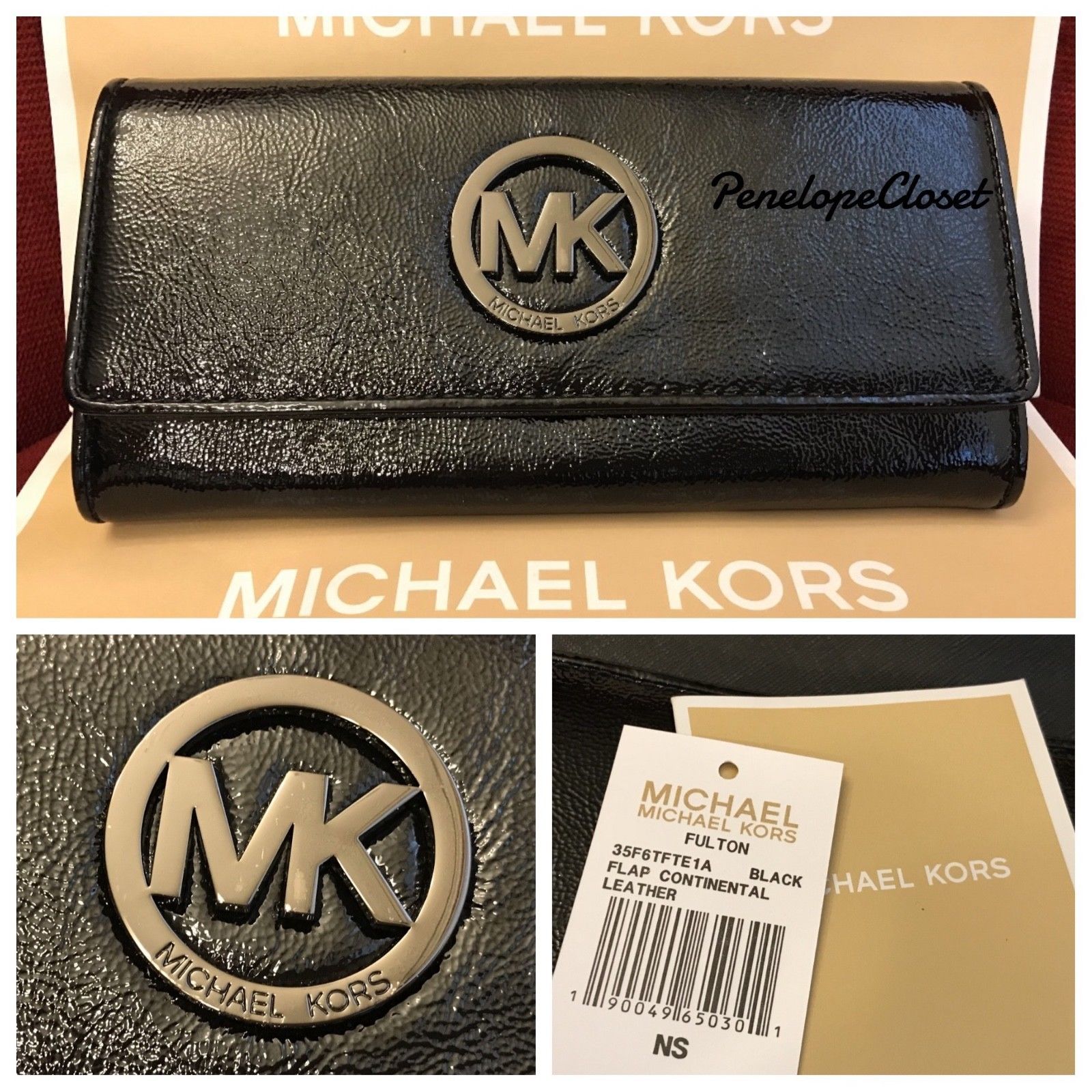 NWT MICHAEL KORS PATENT LEATHER FULTON FLAP CONTINENTAL WALLET IN BLACK - $62.88