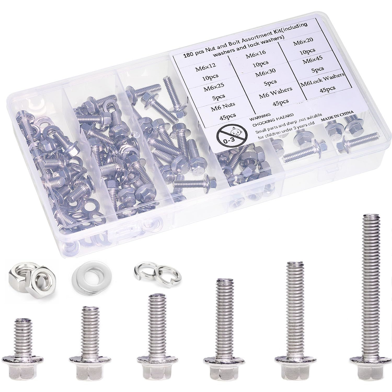 M6-1.0 X 12/16/20/30/45 Flange Hex Bolt Assortment Kit, 180Pcs Stainless... - $31.99