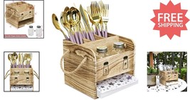 Elegant Oak Wooden Utensil Caddy with Salt &amp; Pepper Shaker - 5 Compartme... - $28.70