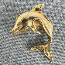 Vintage Coro Breaching Dolphin Gold Tone Pin Brooch Signed Fish Swim - $36.99