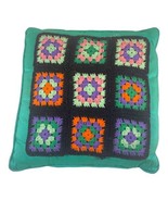 Vintage Hand Made Throw Pillow  Crochet Granny Square Boho Decor Green R... - £44.12 GBP