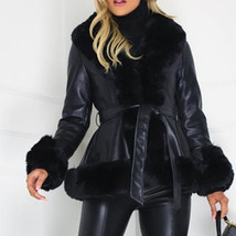 Imitation  Hair Spliced Warm Coat Women 2022 Autumn Winter Long Sleeve Belt V-Ne - £85.49 GBP