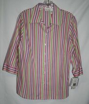 Kim Rogers Petite 12 P Blouse Pink Purple Green Striped Shirt 3/4 Sleeve... - $10.40