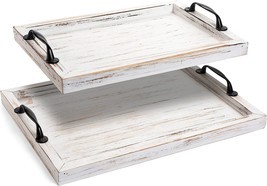 Gennua Kitchen Rustic Wooden Serving Tray Set With Metal Handles | 2 Nesting - £35.33 GBP