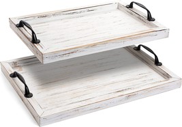 Gennua Kitchen Rustic Wooden Serving Tray Set With Metal Handles | 2 Nesting - £33.06 GBP