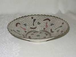 Vintage Decorative Metal Bowl Embossed Painted Paisley Scalloped Edge - $29.69