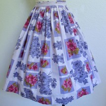 Vintage 1950&#39;s Pleated Full Skirt XS Floral Print White Purple Pink Cotton - $59.99