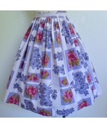 Vintage 1950&#39;s Pleated Full Skirt XS Floral Print White Purple Pink Cotton - $82.27 CAD
