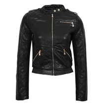 Women&#39;s Black Biker Quilted Tab Collar Genuine Leather Adjustable Waist Jacket - £122.65 GBP