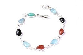 925 Sterling Silver Multi Gemstone Hand Crafted Link Bracelet Anniversary Gift - £32.47 GBP