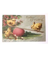 Antique Easter Greeting Card 297 Baby Yellow Chicks Pink Egg Seesaw Embo... - $21.00