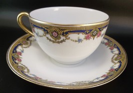 Jean Boyer JB Limoges France Pink Roses Blue Porcelain Tea Cup Saucer Set - £9.47 GBP