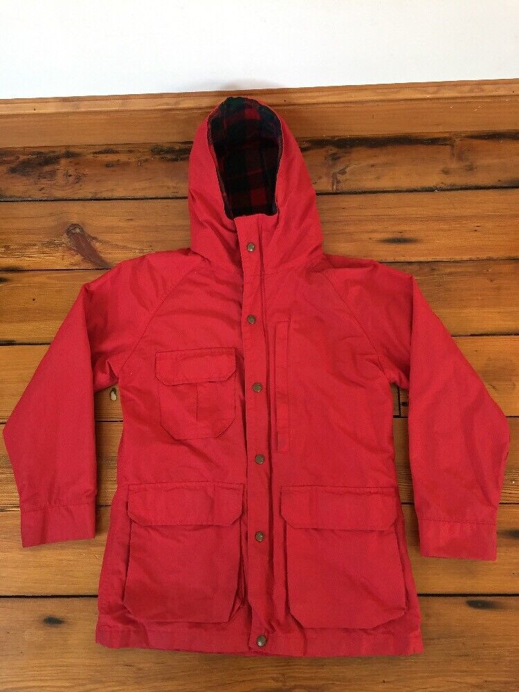 Primary image for Vtg Woolrich 60/40 Woman Red Plaid Wool Lined Zip Hood Utility Jacket Coat M 39"