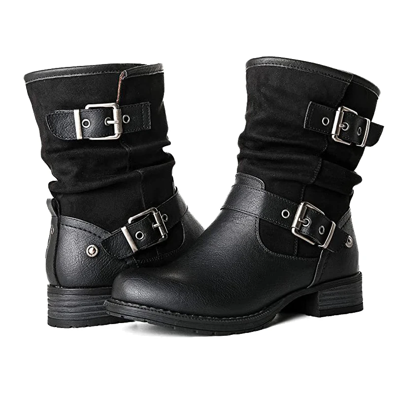 Vintage Motorcycle boy Boots Women Boots New  Print Round Toe knight Boots Belt  - £104.18 GBP