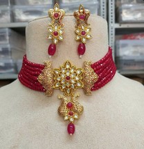Indian Bollywood Gold Plated Kundan Red Choker Necklace Enameled Jewelry Set - £29.27 GBP