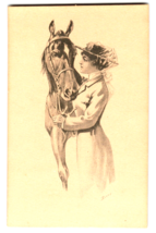 Glamour Beautiful Women In Hat With Horse Vintage Postcard Antique Artist Signed - £21.58 GBP