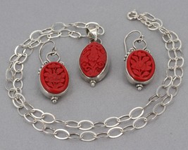 Vintage Sterling Silver Floral Carved Cinnabar Necklace &amp; Earrings Set - £47.18 GBP