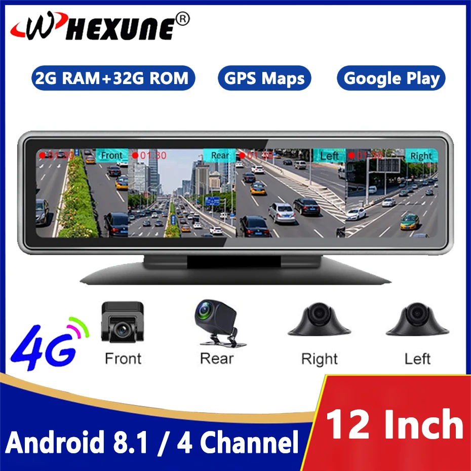 4G Video Recorder Android 8.1 Car DVR 4 Channel Lens Dashboard Camera FHD - £229.63 GBP+