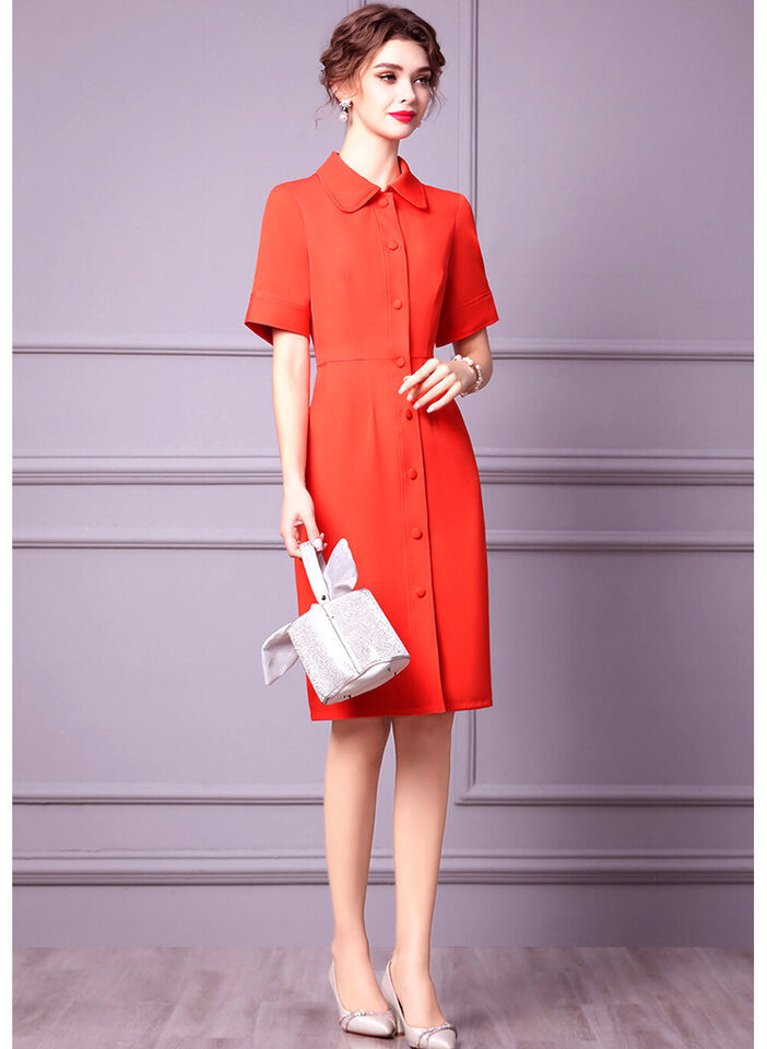 Celeb Amal Clooney Inspired Shirt Collar Scarlet Shirt Sheath Midi Dress in Red Item image 6