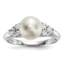 Silver  8-9mm White Button Freshwater Cultured Pearl and CZ Ring QR6544 - $81.38