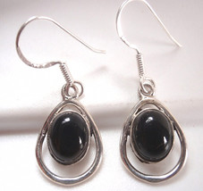Black Onyx Oval in Hoop 925 Sterling Silver Dangle Earrings Corona Sun Jewelry - £10.06 GBP