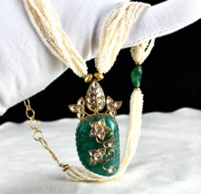 Natural Zambia Carved Emerald Diamond 18K Gold Kundan Meena Pearl Jadau ... - £9,112.65 GBP
