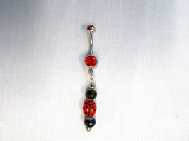 Red &amp; Black Glass Bead Lady Bug / Ladybug &amp; 2 Black Beads 14G Red Cz Belly Ring - £4.71 GBP
