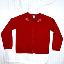 Red Knit Cardigan Sweater Silver Embroidery Front Button SPring  - £6.95 GBP