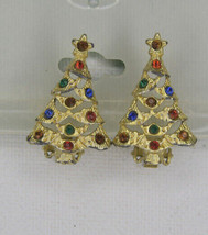Vintage Gold Tone &amp; Rhinestones Christmas Tree Clip On Earrings Costume ... - £12.70 GBP