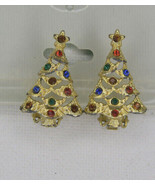 Vintage Gold Tone &amp; Rhinestones Christmas Tree Clip On Earrings Costume ... - £12.47 GBP
