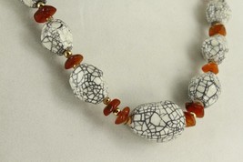 MODERN Bold Crackle Ethnic Beaded Necklace Carnelian Gemstone Glass 25&quot; Long - £19.36 GBP