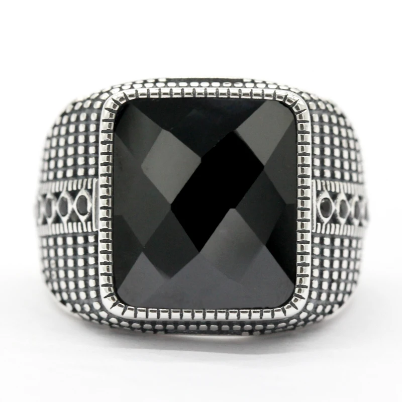 Men Ring with Rectangle Black Cubic Zircon Real 925 Sterling Silver Cool Vintage - $78.57