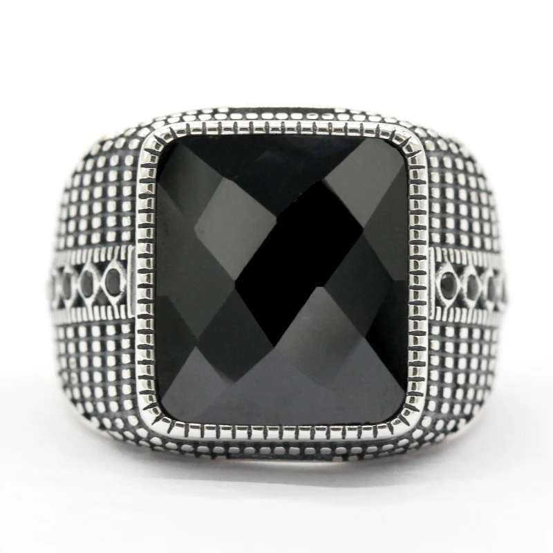 Men Ring with Rectangle Black Cubic Zircon Real 925 Sterling Silver Cool Vintage - £61.80 GBP