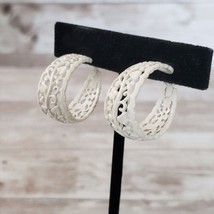 Vintage Clip On Earrings Lace Design Cream Elongated Hoops - $12.99