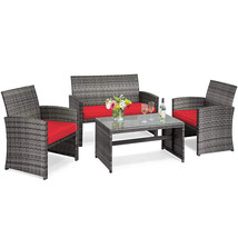 4Pcs Patio Rattan Furniture Set Conversation Glass Table Top Cushioned Sofa Red - £276.51 GBP