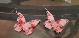 Faux Leather Dangle Earrings (New) Pink Butterflies On Butterfly - £4.35 GBP