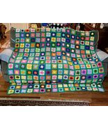 Granny Square Crochet Blanket Handmade Large Afghan Green 73” x 89” FLAW... - $44.55