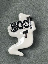 Estate White Enamel Halloween Ghost w Black BOO! Holiday Pin Brooch – marked on  - £7.58 GBP